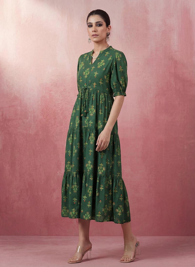 Globus Women Green Mandarin Collar Puff Sleeves Ethnic Print Waist Tie-Ups Tiered Midi A-Line Fusion Dress - Image 3